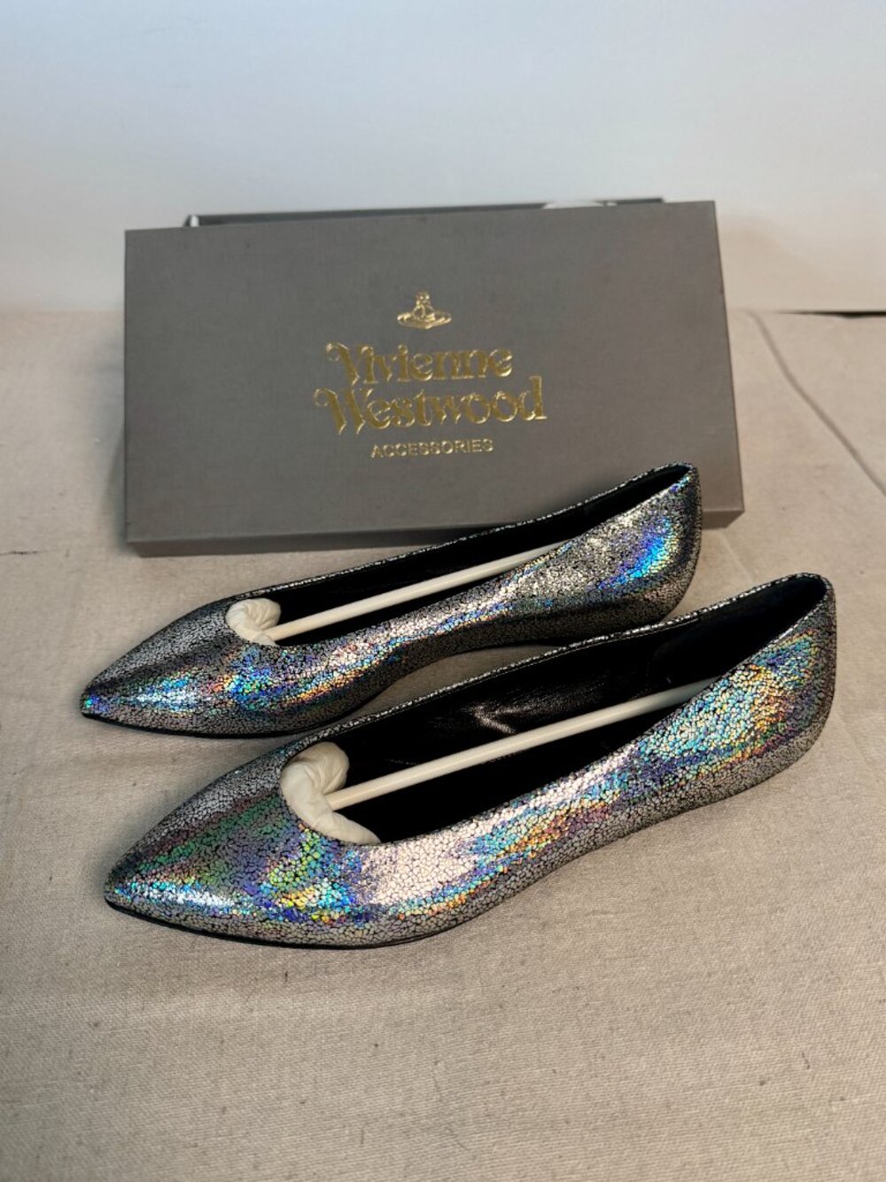 EU 39 US 8.5 Vivienne Westwood Silver Pointed Toe Ballet Flats Shoes Glitter